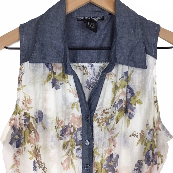RED SNAP Top Sleeveless Button Up Sheer Floral Boho Beach Summer Y2K Style Small - Picture 2 of 9